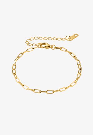Goldene Kettenarmband mit verbundenen ovalen und rechteckigen Formen, ausgestattet mit einem Karabinerverschluss und einer verstellbaren Kette mit einem Anhänger.