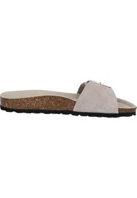 Zijden instapsandaal in lichtgrijs met een kurken zool. Heeft een brede band en een gevormde voetbed. Zwarte rubberen buitenzool voor grip.