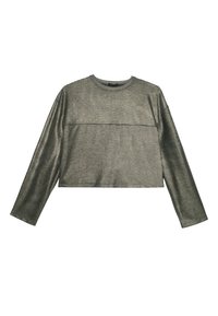 Metallisches kurzärmliges Oberteil mit Netzstruktur, runden Ausschnitt und cropped Design. Farbe: silbergrau. Schlichte, zeitgenössische Form.