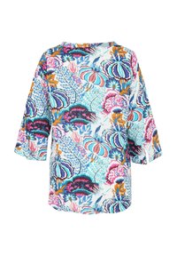 Haut à motifs floraux avec une coupe ample, présentant des couleurs vives comme le rose, le bleu et l'orange sur un fond blanc. Manches trois-quarts.