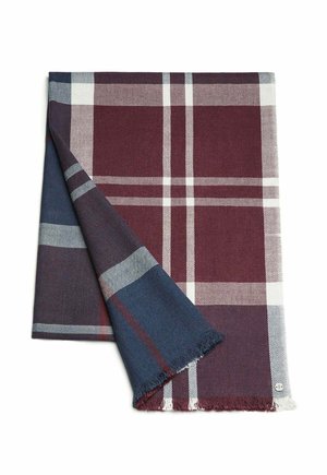 Red and navy plaid blanket with fringed edges, made of soft fabric, featuring a checked pattern with white accents.