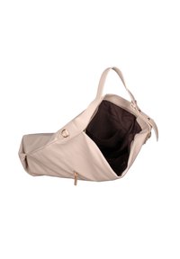 Borsa a mano in pelle beige con forma strutturata, un manico e una tasca con zip. L'interno è in tessuto scuro con una tasca aggiuntiva.