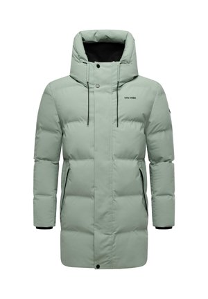 Minzgrüner, isolierter Parka mit hohem Kragen, verstellbarem Kapuze, Reißverschlusstaschen und einem gesteppten Design. Verfügt über schwarze Akzente an den Reißverschlüssen.
