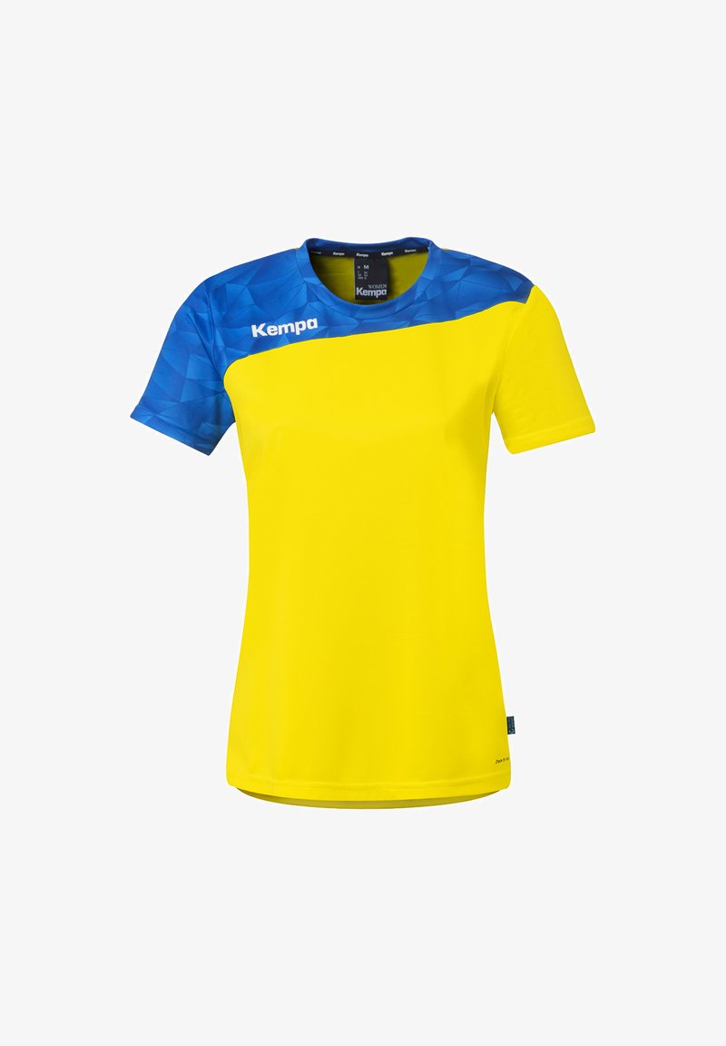 Gul sportst-shirt til kvinder med blåt geometrisk mønster på skuldre og ærmer, Kempa-logo på brystet, størrelse medium.