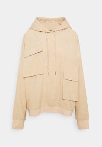 Beige Corduroy-Hoodie mit strukturierter Oberfläche, ausgestattet mit zwei vorderen Taschen, Kapuze mit Kordelzug und gerippten Bündchen. Lässiges, lockeres Design.