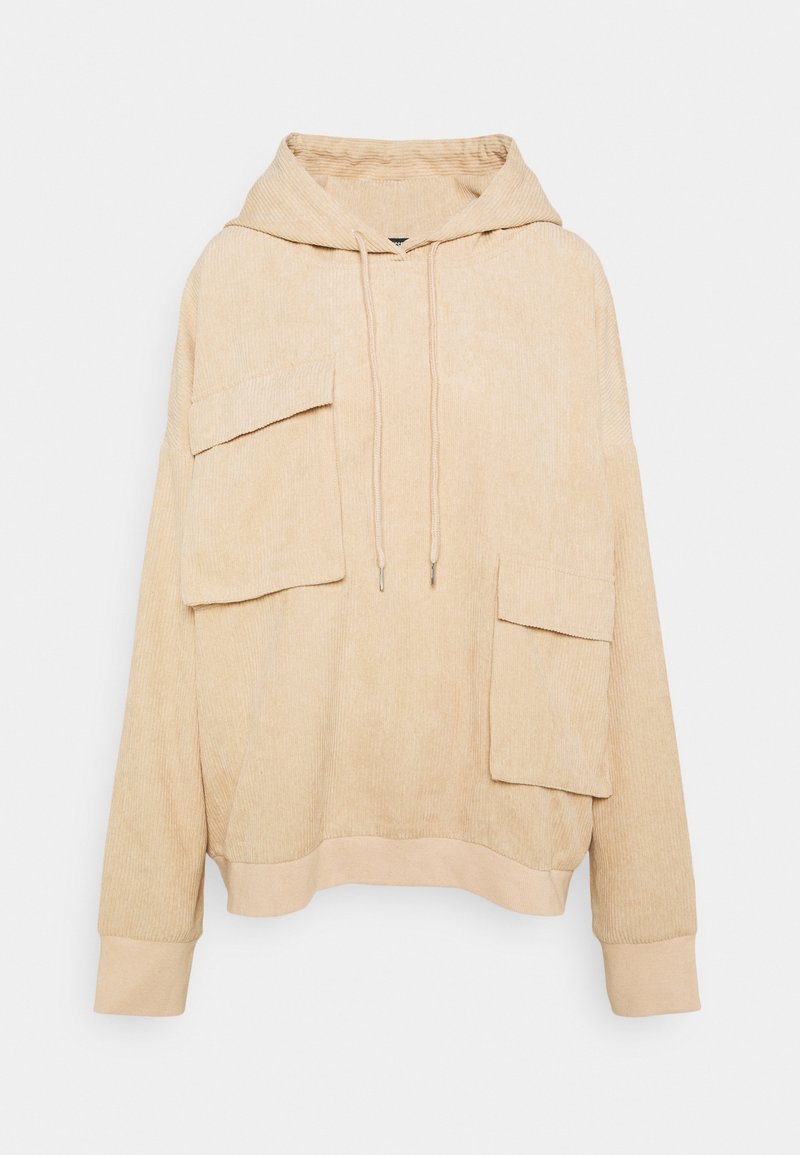 Beige Corduroy-Hoodie mit strukturierter Oberfläche, ausgestattet mit zwei vorderen Taschen, Kapuze mit Kordelzug und gerippten Bündchen. Lässiges, lockeres Design.