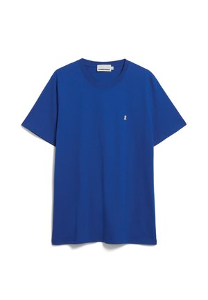 Blaues Baumwoll-T-Shirt mit rundem Ausschnitt, kurzen Ärmeln und kleinem weißem Ribbons-Logo auf der Brust. Glatte Textur, lässiges Design.