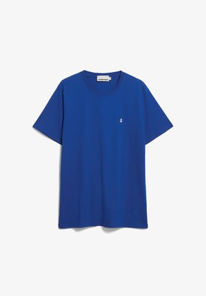 Blaues Baumwoll-T-Shirt mit rundem Ausschnitt, kurzen Ärmeln und kleinem weißem Ribbons-Logo auf der Brust. Glatte Textur, lässiges Design.