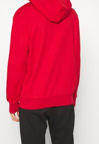 Sudadera roja con capucha ajustable, puños y dobladillo acanalados, hecha de un material suave, llevada con pantalones negros, mostrando la vista trasera.
