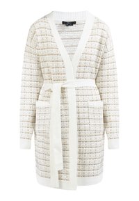 Langer, gewobener Cardigan mit einem beige-weißen Karomuster. Verfügt über einen V-Ausschnitt, einen taillierten Gürtel und zwei Fronttaschen. Weiche Textur.