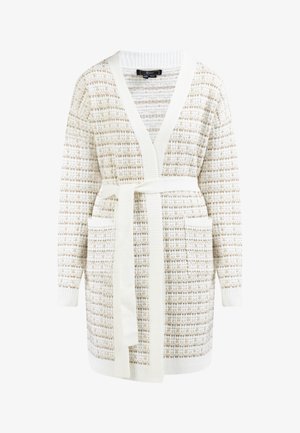 Lange geweven cardigan met een beige en witte ruitpatroon. Heeft een V-hals, een ceintuur in de taille en twee voorkeurszakken. Zachte textuur.
