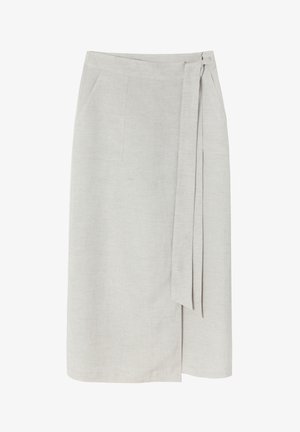 Lys grå linnedwrap nederdel med bånddetalje i taljen, sidelommer, lige skæring, glat tekstur og knælang kant.