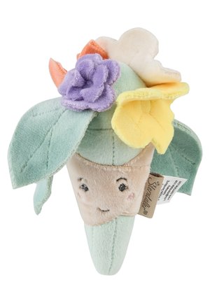 Plush toy shaped like a light blue plant sprout with embroidered smiling face and soft fabric flowers in purple, yellow, and orange on top.