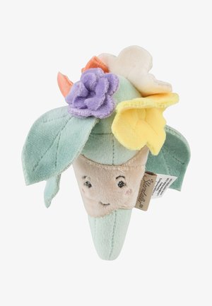 Plush toy shaped like a light blue plant sprout with embroidered smiling face and soft fabric flowers in purple, yellow, and orange on top.