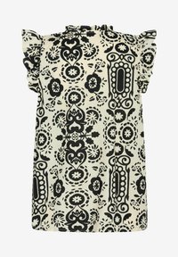 Schwarz-weiß gemustertes Kleid mit kurzen Rüschärmeln, das Blumen- und geometrische Designs auf einem hellen Hintergrund zeigt.