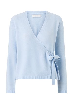 Jasnoniebieski dziergany sweter na zakładkę z dekoltem w serek, długimi rękawami, ściągaczowymi krawędziami i wiązaniem na bok w postaci kokardy.