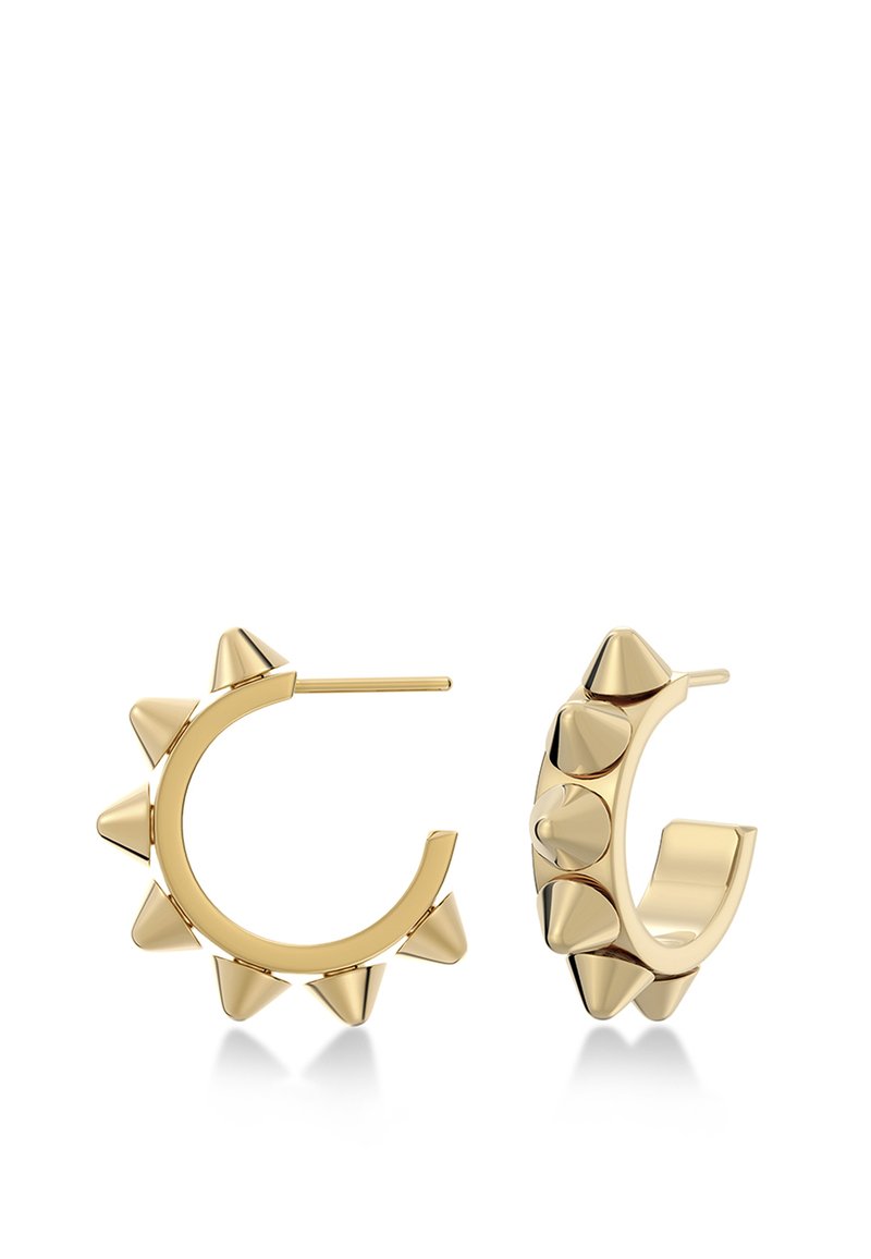 Boucles d'oreilles en or en forme de créole, ornées de pointes et d'accents arrondis, affichant une finition polie avec un design géométrique dynamique.