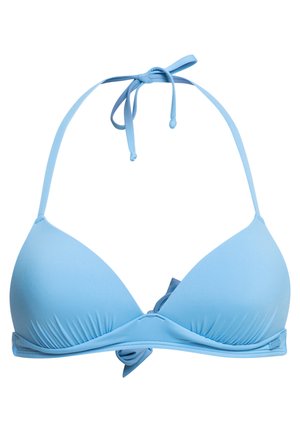 Svetlomodrý bikiny top, trojuholníkové poháre, mäkká tkanina, nastaviteľné viazanie na krku a chrbte, zhrnutý podband a zdobený mašľou na prednej časti.