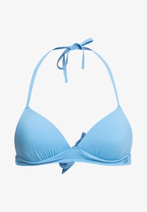 Svetlomodrý bikiny top, trojuholníkové poháre, mäkká tkanina, nastaviteľné viazanie na krku a chrbte, zhrnutý podband a zdobený mašľou na prednej časti.