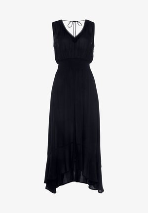Robe maxi noire avec décolleté en V, sans manches, taille smockée et ourlet fluide ; dotée d'une fermeture à nouer au dos. Fabriquée en tissu léger.