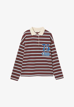 Polo à manches longues avec des rayures marron et bleu clair, col beige, présentant un logo brodé "75 club" en bleu sur la poitrine gauche.