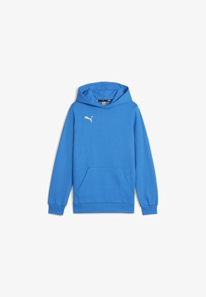 Felpa blu realizzata in tessuto morbido. Presenta una tasca frontale e un logo Puma bianco sul petto. Maniche lunghe con polsini a costine.