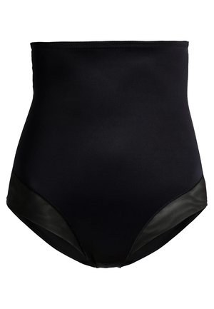 Bas de bikini noir taille haute avec une finition en tissu lisse et des panneaux latéraux mats contrastants ; conçu pour un ajustement près du corps.