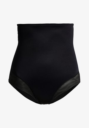 Čierne bikiny s vysokým pásom, vyrobené z hladkej tkaniny a s kontrastnými matnými čiernymi bočnými panelmi; navrhnuté pre tesné priliehanie.