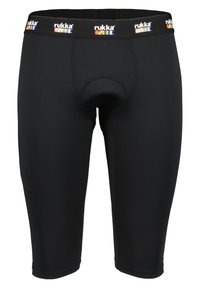 Black cycling shorts with a fitted design, featuring a padded seat area and an elastic waistband with colorful "rukka" logo accents.