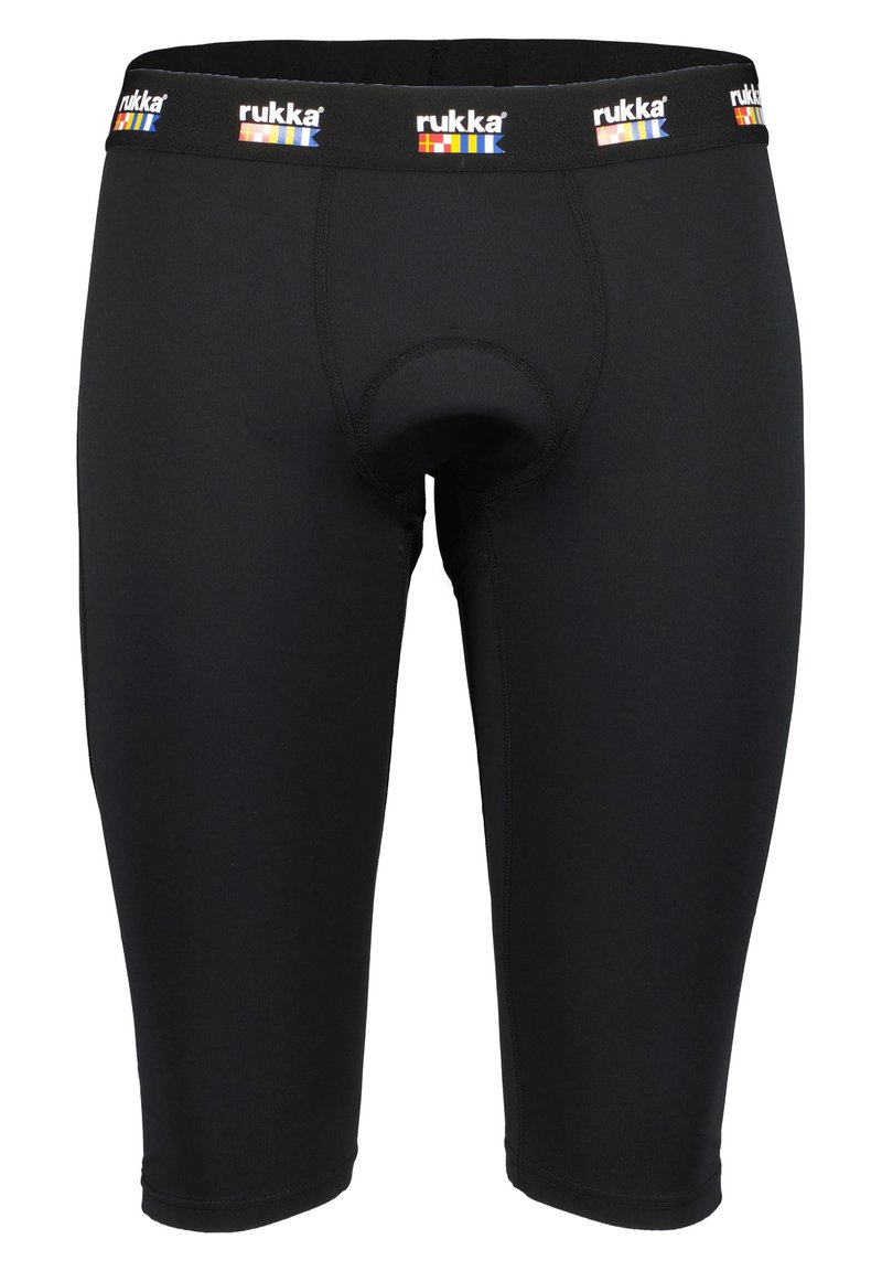 Black cycling shorts with a fitted design, featuring a padded seat area and an elastic waistband with colorful "rukka" logo accents.