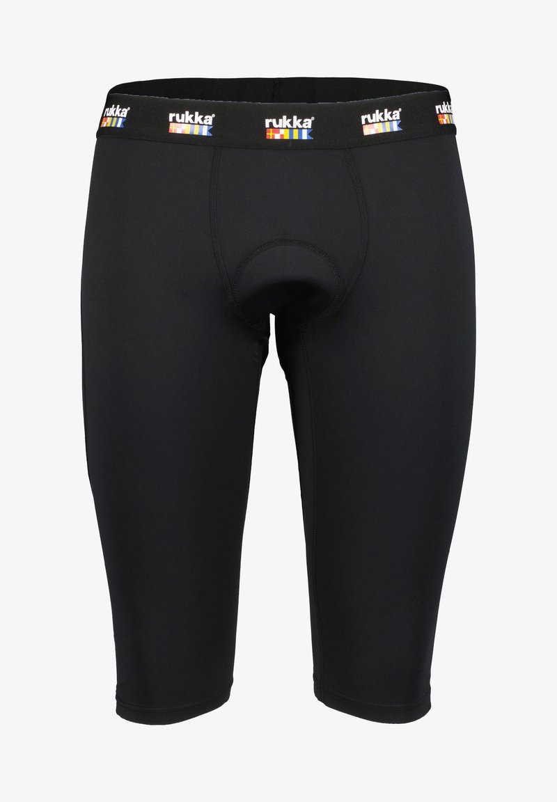 Black cycling shorts with a fitted design, featuring a padded seat area and an elastic waistband with colorful "rukka" logo accents.