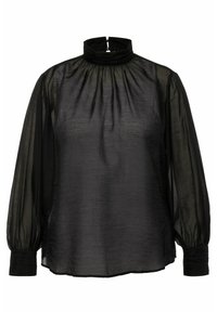 Zwarte blouse met een hoge hals en plooien. Beschikt over doorschijnende lange mouwen met elastische manchetten en een gladde, lichte stof.