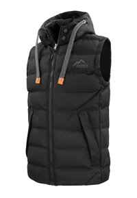 Schwarze gepolsterte Weste mit Kapuze, ausgestattet mit einem frontalen Reißverschluss, seitlichen Taschen, grauen Kordeln und orangefarbenen Akzenten. Logo auf der Brust.