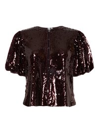 Top corto bordeaux con paillettes, maniche a sbuffo, scollatura rotonda e chiusura a bottoni sul retro. Texture liscia con paillettes riflettenti.