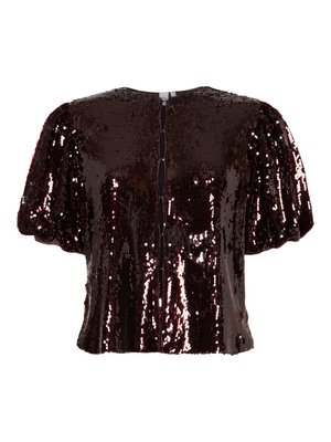 Haut court en sequins bordeaux avec manches bouffantes, encolure ronde et fermeture bouton dans le dos. Texture lisse avec des sequins réfléchissants.