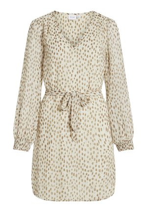 Vestido de manga corta en tejido ligero, con un fondo beige y lunares marrones, escote en V y detalle de cintura atada.