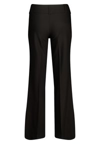 Mustat leveälahkeiset housut, joissa on teksturoitu kangas, sujuva vyötärö ja ilman näkyviä taskuja, suunniteltu istuvaksi.