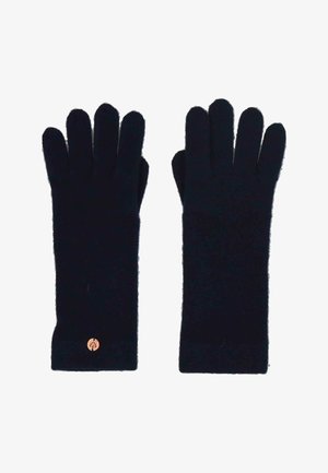Pair of black knit gloves with long cuffs, one glove featuring a small round copper-colored tag near the wrist.