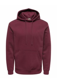 Bordeauxroter Kapuzenpullover mit Kängurutasche, Kordelzug, gerippten Bündchen und Saum. Hergestellt aus weichem, strukturiertem Stoff. Schlichtes Design.