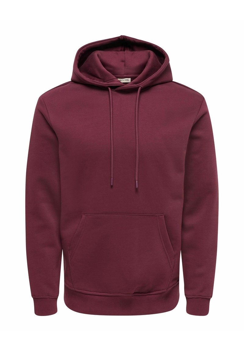 Bordeauxroter Kapuzenpullover mit Kängurutasche, Kordelzug, gerippten Bündchen und Saum. Hergestellt aus weichem, strukturiertem Stoff. Schlichtes Design.