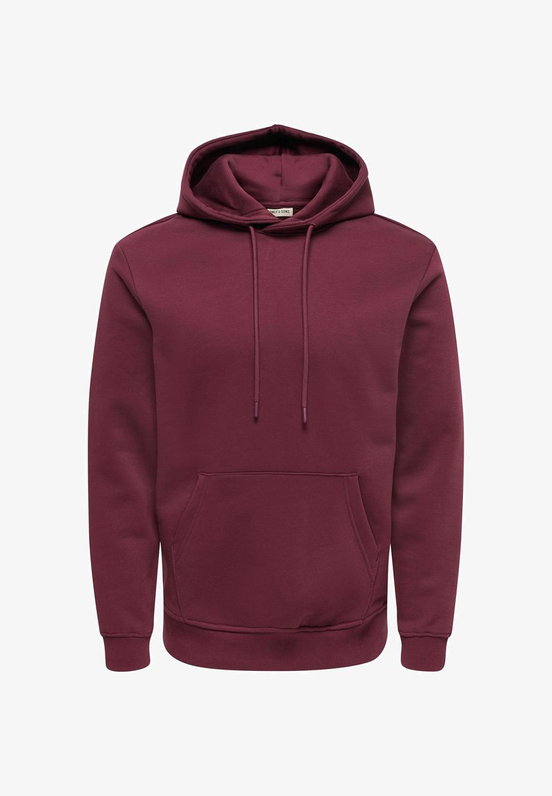 Bordeauxroter Kapuzenpullover mit Kängurutasche, Kordelzug, gerippten Bündchen und Saum. Hergestellt aus weichem, strukturiertem Stoff. Schlichtes Design.