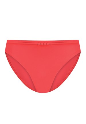 Parte inferiore di bikini rossa realizzata in un tessuto liscio e elasticizzato. Presenta una vita bassa e bottoni decorativi lungo la parte anteriore della cintura.