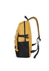 Zaino giallo e nero realizzato in tessuto resistente, con più scomparti con zip e spallacci regolabili per un indossamento confortevole.