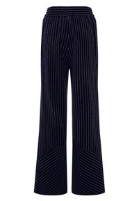 Marineblaue Rippenvelours-Hosen mit weitem Bein, vertikalen weißen Streifen, elastischem Bund und asymmetrischem Saumdesign.
