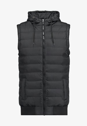 Zwarte puffer vest, mouwloos ontwerp met een capuchon, frontale rits en twee zijzakken. Heeft een geweven textuur en een elastische zoom.