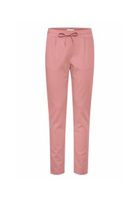 Pink jersey pants with a drawstring waist, slim fit, two front pockets, and smooth texture, featuring a solid color and no patterns.