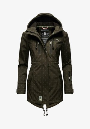 Giacca impermeabile verde scuro con una texture a motivo, tasche con zip, cappuccio regolabile con coulisse e vita svasata per una vestibilità su misura.