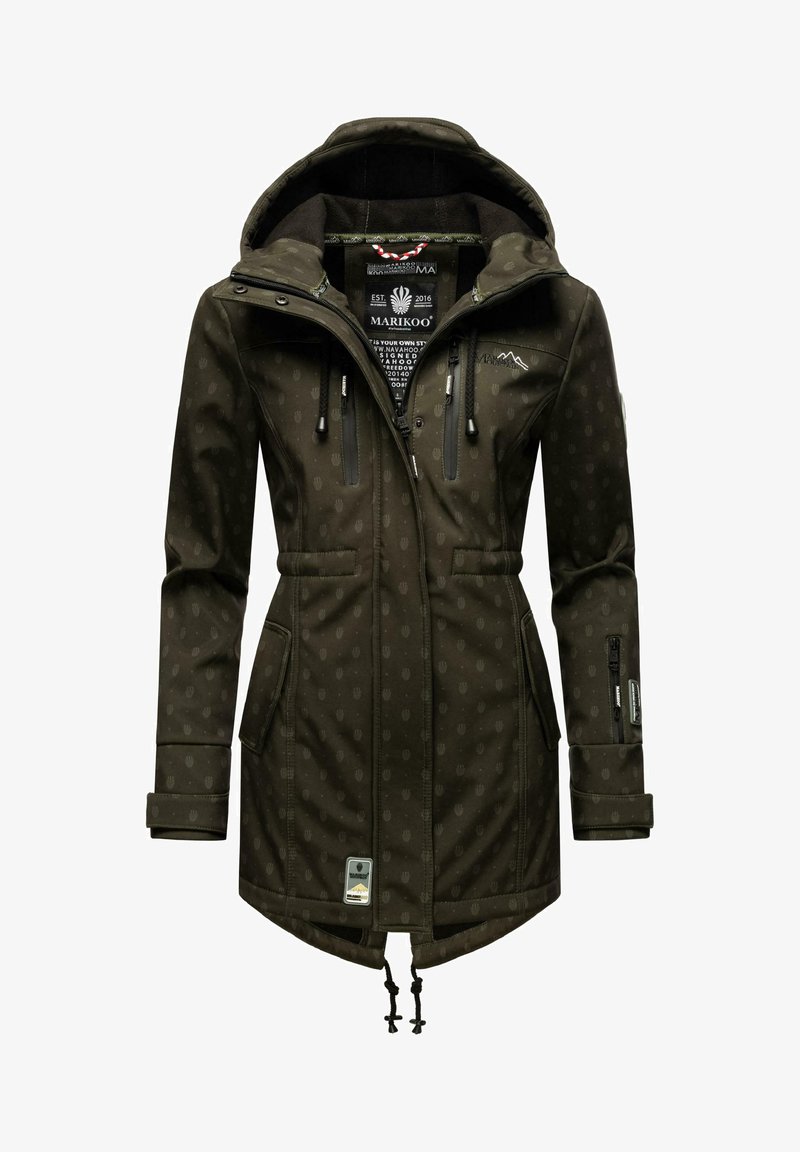 Chaqueta impermeable verde oscuro con textura patterned, bolsillos con cremallera, capucha ajustable con cordón y cintura ajustada para un ajuste entallado.