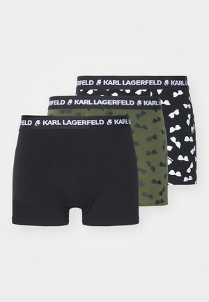 Bañadores negros, verde oliva y con un estampado negro, con una cinturilla elástica que presenta el logo de 'Karl Lagerfeld'. Material de algodón, diseño ajustado.