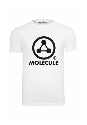 Fehér pamut póló, amelyen egy nagyméretű fekete köralakú logó található, molekuláris mintával, alatta pedig vastag betűkkel a "MOLECULE" felirattal.